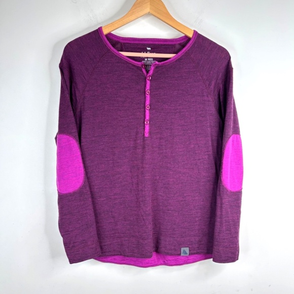 LL Bean 100% Merino Wool Base Layer M Henley Top Elbow Patch Purple Long Sleeve - Picture 1 of 9